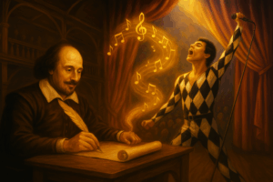 Magische illustratie van Shakespeare en de legendarische rockzanger in harlekijnenpak – symbool voor creatieve vertaling Nederlands Engels