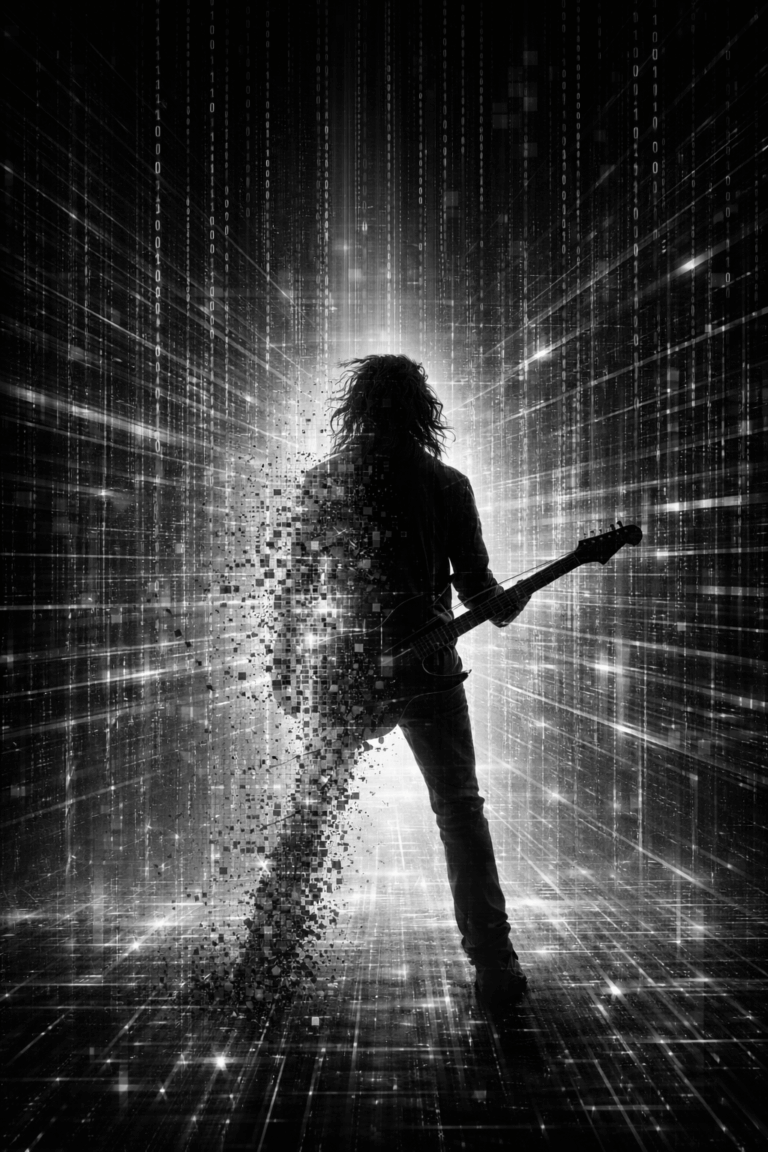 Gitarist in digitale dataruimte – mens tegenover technologie