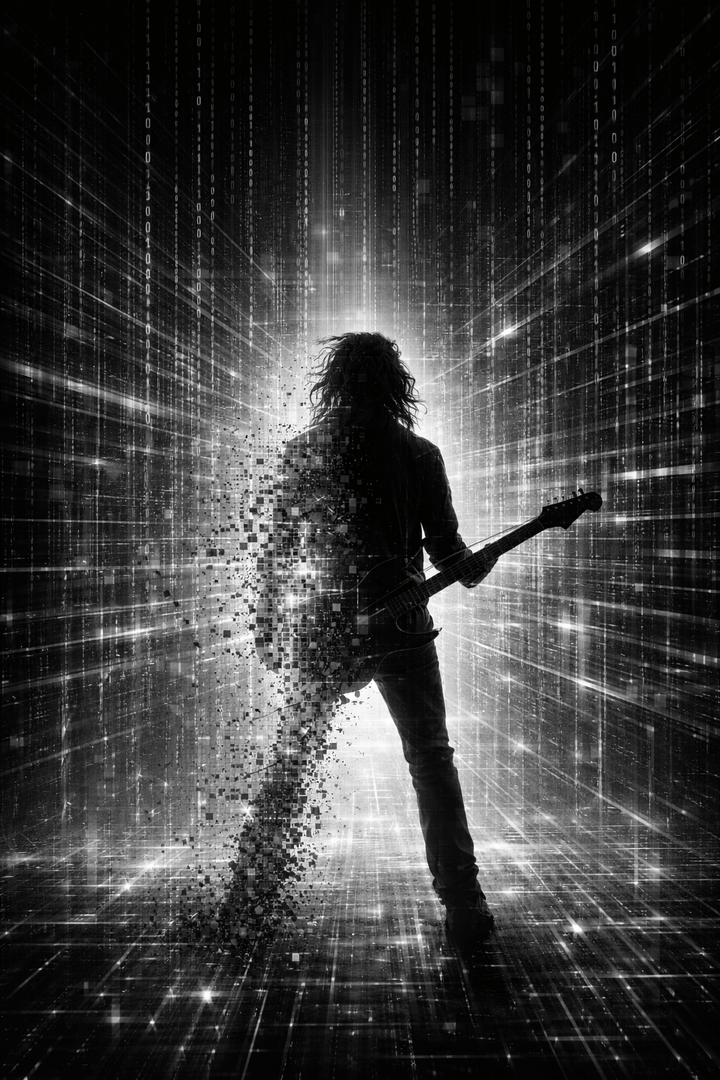 Gitarist in digitale dataruimte – mens tegenover technologie